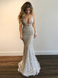 Ndyad Gorgeous V-Neck Prom Party Gowns Lace Mermaid Evening Gowns HZ1024