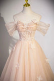 Ndyad Flowers Tulle Long Formal Dresses, Champagne Off Shoulder Evening Dresses HZ1024