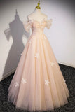 Ndyad Flowers Tulle Long Formal Dresses, Champagne Off Shoulder Evening Dresses HZ1024