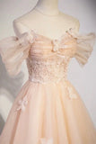Ndyad Flowers Tulle Long Formal Dresses, Champagne Off Shoulder Evening Dresses HZ1024