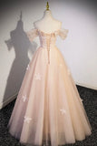 Ndyad Flowers Tulle Long Formal Dresses, Champagne Off Shoulder Evening Dresses HZ1024