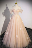 Ndyad Flowers Tulle Long Formal Dresses, Champagne Off Shoulder Evening Dresses HZ1024