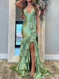 Ndyad Sage V Neck Satin Long Prom Dress With Ruffle Skirt HZ1024