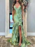 Ndyad Sage V Neck Satin Long Prom Dress With Ruffle Skirt HZ1024