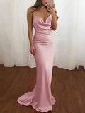Ndyad Pink Spaghetti Straps Satin Mermaid Prom Dress HZ1024