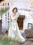 Ndyad Chinese style suspender satin pleated waist gentle temperament long skirt HZ1024