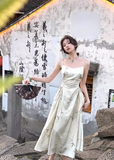 Ndyad Chinese style suspender satin pleated waist gentle temperament long skirt HZ1024