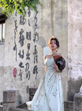 Ndyad Chinese style suspender satin pleated waist gentle temperament long skirt HZ1024
