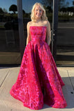 Evafashion A Line Sweetheart Jacquard Satin Red Long Prom Dress with Pockets HZ1024