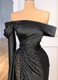 Ndyad Off-The-Shoulder Long Sleeves Satin/Sequined Prom Dresses HZ1024