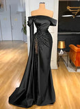 Ndyad Off-The-Shoulder Long Sleeves Satin/Sequined Prom Dresses HZ1024
