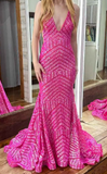 Ndyad V Neck Pink Sequins Mermaid Long Prom Dress HZ1024