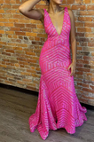 Ndyad V Neck Pink Sequins Mermaid Long Prom Dress HZ1024