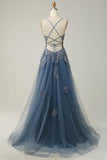 Ndyad A-line Spaghetti Strap Tulle Long Prom Dress Applique V-neck Party Dress HZ1024