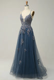 Ndyad A-line Spaghetti Strap Tulle Long Prom Dress Applique V-neck Party Dress HZ1024