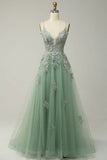 Ndyad A-line Spaghetti Strap Tulle Long Prom Dress Applique V-neck Party Dress HZ1024