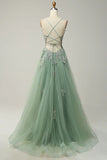 Ndyad A-line Spaghetti Strap Tulle Long Prom Dress Applique V-neck Party Dress HZ1024