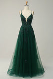Ndyad A-line Spaghetti Strap Tulle Long Prom Dress Applique V-neck Party Dress HZ1024