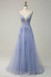 Ndyad A-line Spaghetti Strap Tulle Long Prom Dress Applique V-neck Party Dress HZ1024