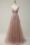 Ndyad A-line Spaghetti Strap Tulle Long Prom Dress Applique V-neck Party Dress HZ1024