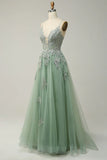 Ndyad A-line Spaghetti Strap Tulle Long Prom Dress Applique V-neck Party Dress HZ1024