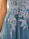 Ndyad A-line Spaghetti Strap Tulle Long Prom Dress Applique V-neck Party Dress HZ1024