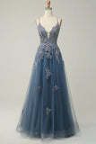 Ndyad A-line Spaghetti Strap Tulle Long Prom Dress Applique V-neck Party Dress HZ1024