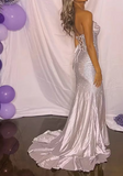 Ndyad Silver Strapless Beaded Long Prom Dress with Slit HZ1024