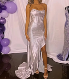 Ndyad Silver Strapless Beaded Long Prom Dress with Slit HZ1024