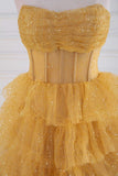 Ndyad A-line Strapless Tulle Sequined Long Prom Dress, Gold Sweet 16 Dress HZ1024
