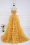 Ndyad A-line Strapless Tulle Sequined Long Prom Dress, Gold Sweet 16 Dress HZ1024