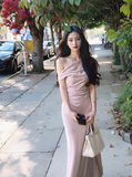 Ndyad satin off-shoulder skirt with irregular waist and elegant hip-hugging style HZ1024