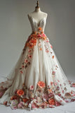 Ndyad A-line V-neck Tulle Applique Wedding Dress, Elegant Lace Spaghetti Strap Prom Dress HZ1024