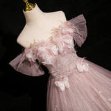 Ndyad Tulle Sequins Off the Shoulder Butterfly Flower Prom Dress HZ1024