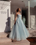 Ndyad blue A-line spaghetti strap tulle simple long prom dress HZ1024
