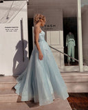 Ndyad blue A-line spaghetti strap tulle simple long prom dress HZ1024