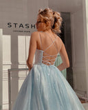 Ndyad blue A-line spaghetti strap tulle simple long prom dress HZ1024
