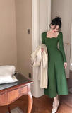 Ndyad retro square collar wave edge long sleeves mid-length knitted women's dress HZ1024