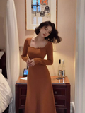 Ndyad retro square collar wave edge long sleeves mid-length knitted women's dress HZ1024