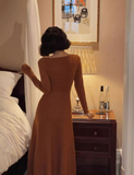 Ndyad retro square collar wave edge long sleeves mid-length knitted women's dress HZ1024