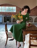 Ndyad retro square collar wave edge long sleeves mid-length knitted women's dress HZ1024