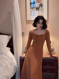 Ndyad retro square collar wave edge long sleeves mid-length knitted women's dress HZ1024