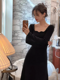 Ndyad retro square collar wave edge long sleeves mid-length knitted women's dress HZ1024