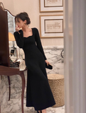 Ndyad retro square collar wave edge long sleeves mid-length knitted women's dress HZ1024