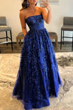 Ndyad Sequined Lace Strapless Long Prom Dress with Pocketss HZ1024