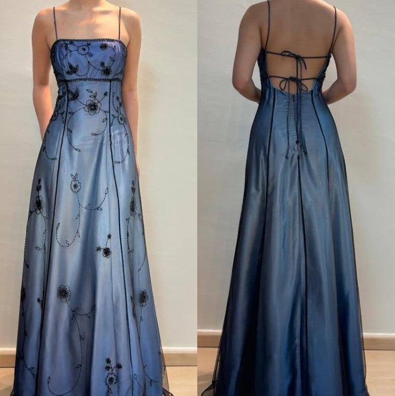 Ndyad Blue Gradient Empire Prom Dresses Backless Romantic Beaded Evening Dresses Guest Dresses HZ1024