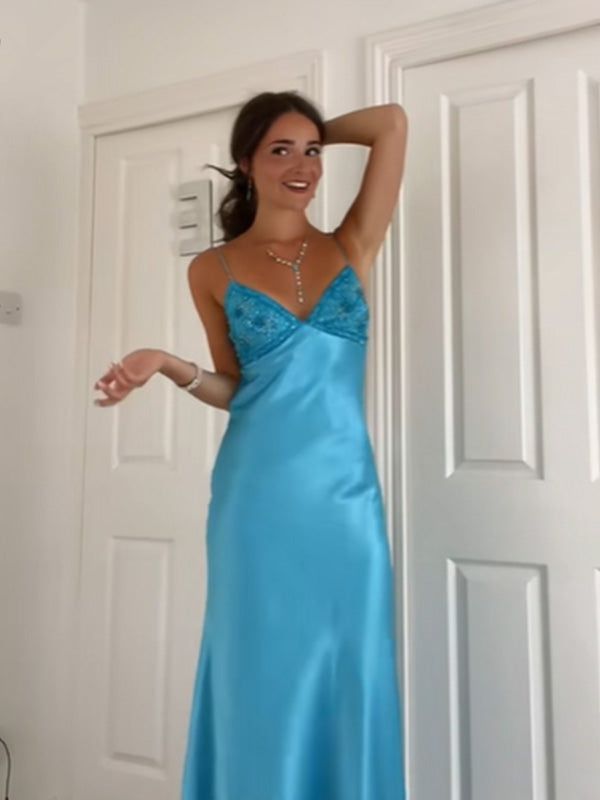 Ndyad Blue?? Spaghetti Strap Mermaid Gown for Prom&Party Sleeveless Satin Vintage Formal Evening Dress HZ1024