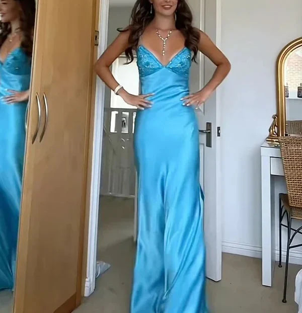 Ndyad Blue?? Spaghetti Strap Mermaid Gown for Prom&Party Sleeveless Satin Vintage Formal Evening Dress HZ1024