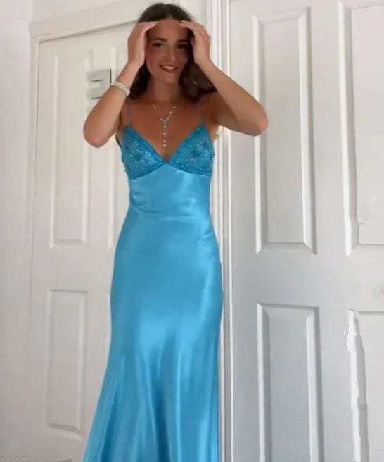 Ndyad Blue?? Spaghetti Strap Mermaid Gown for Prom&Party Sleeveless Satin Vintage Formal Evening Dress HZ1024