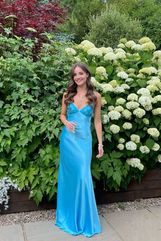Ndyad Blue?? Spaghetti Strap Mermaid Gown for Prom&Party Sleeveless Satin Vintage Formal Evening Dress HZ1024